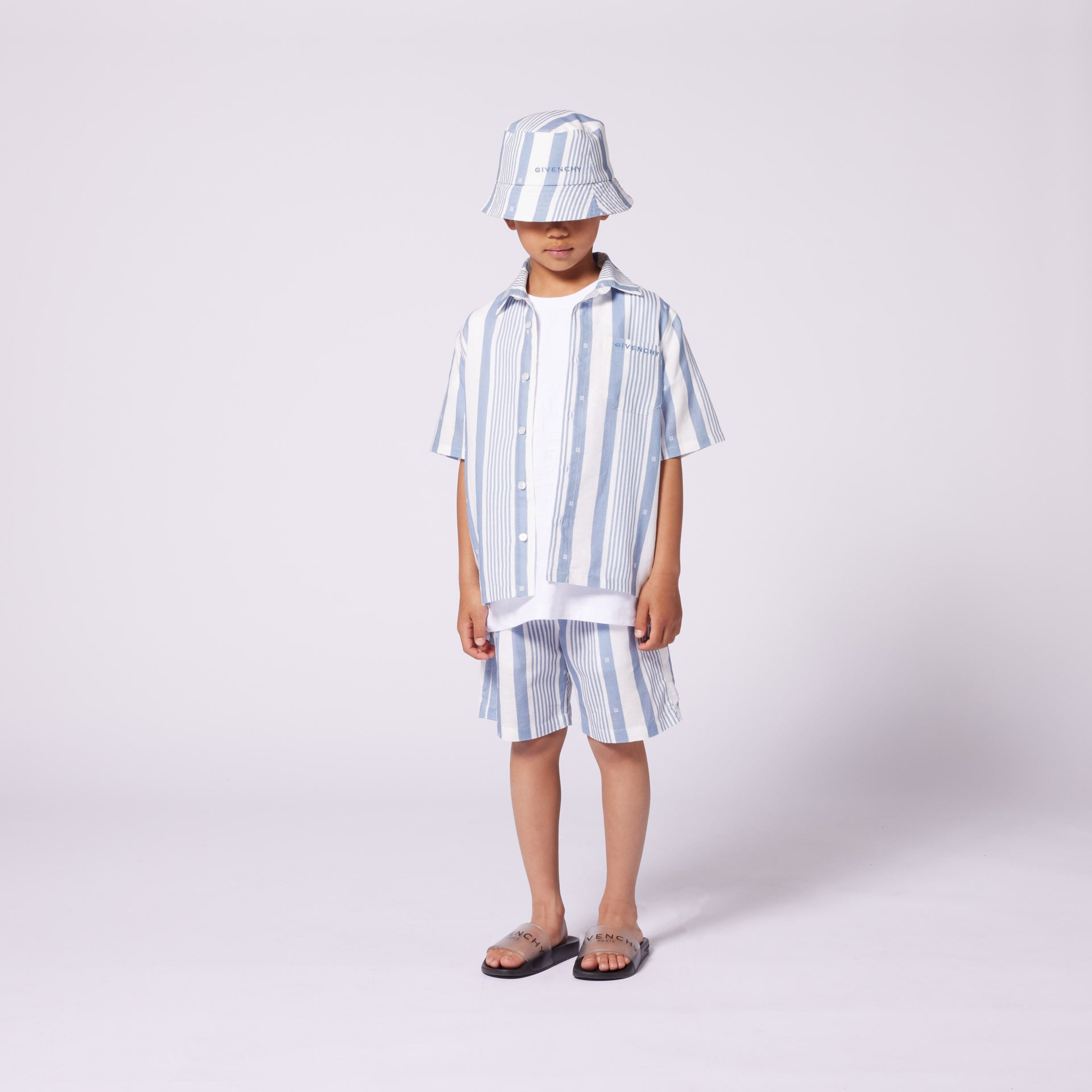 Shirt and bermuda shorts set in linen with 4G stripes