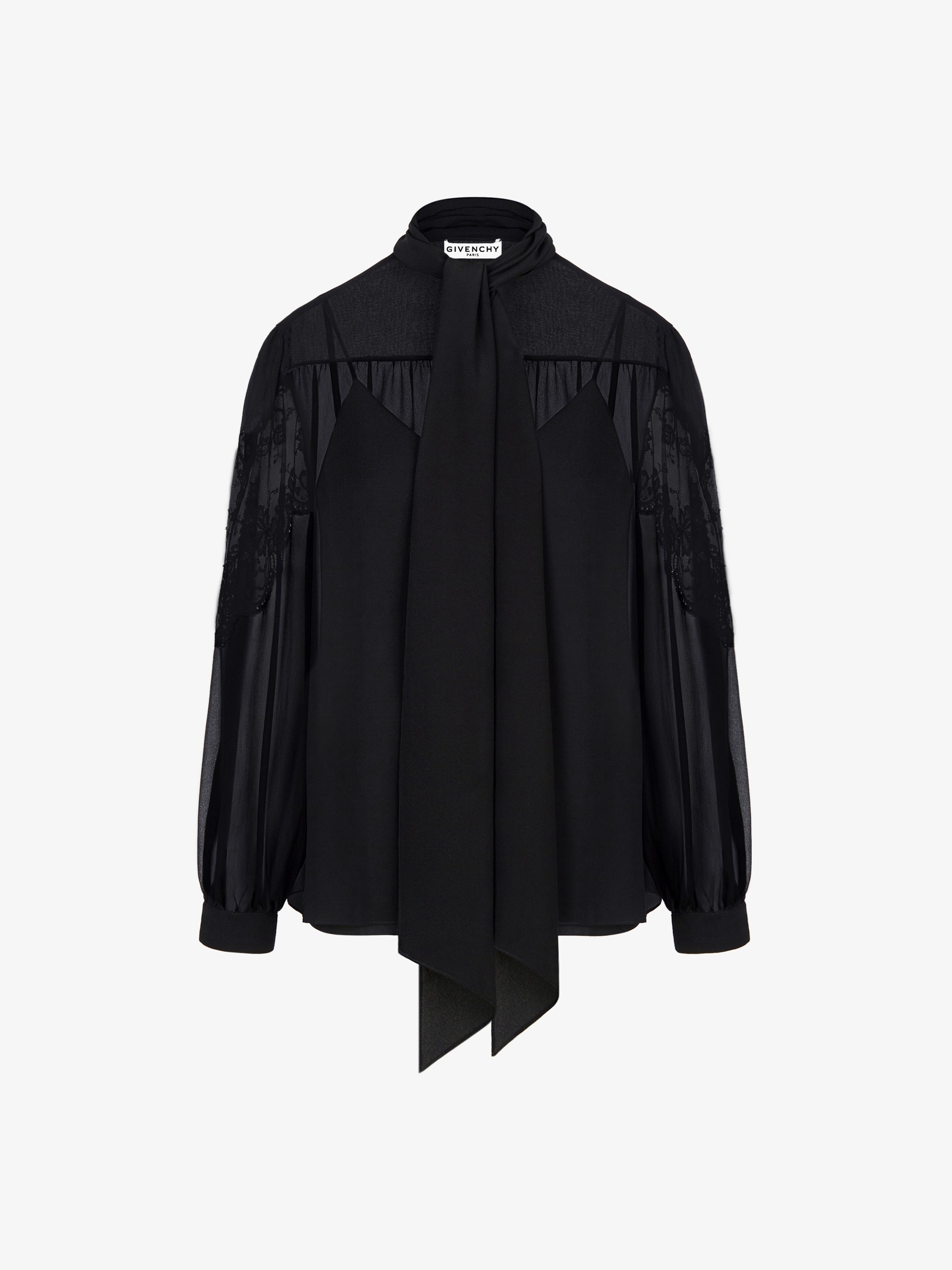 Blusa di seta e pizzo con collo a sciarpa
