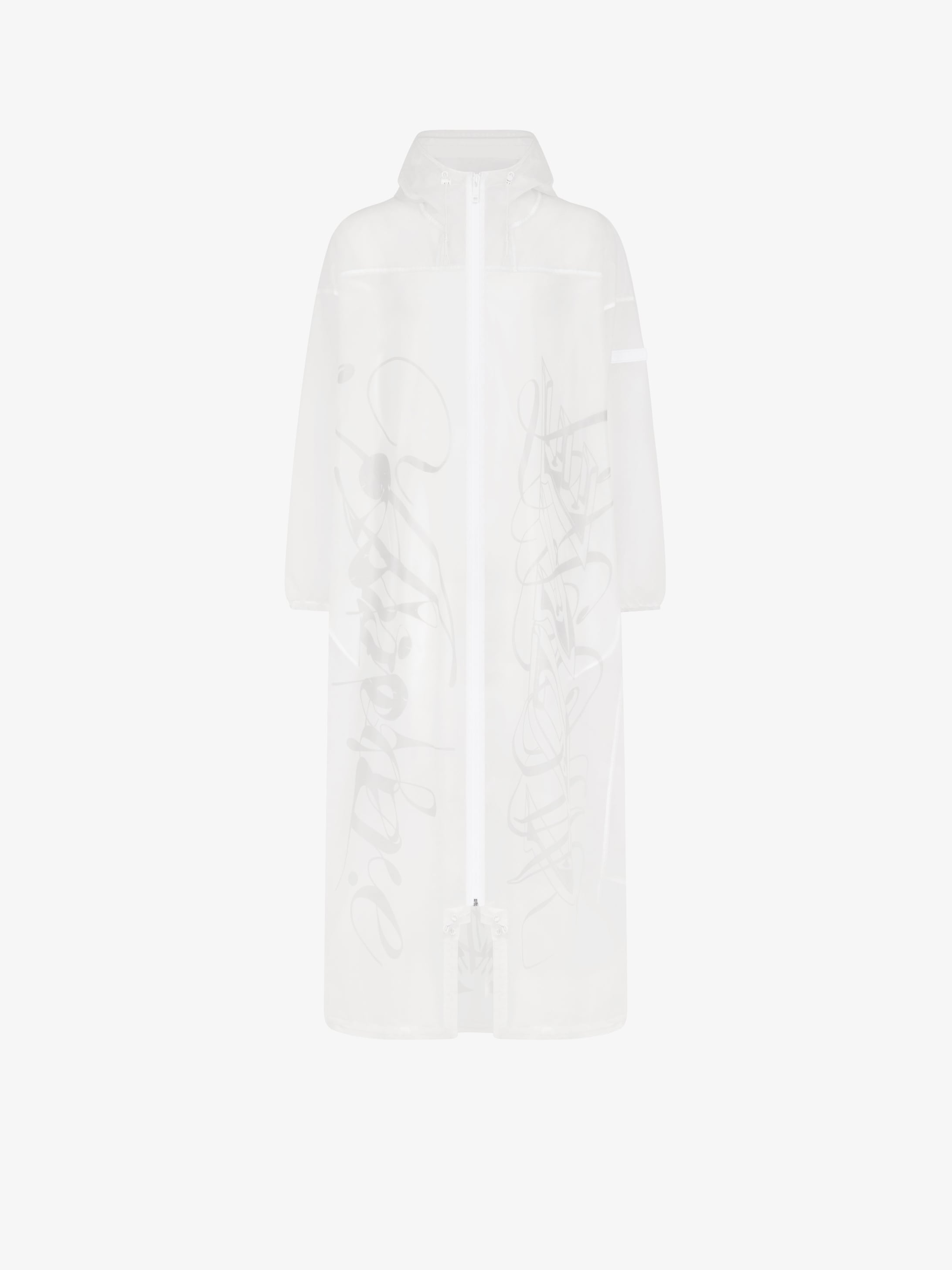 Transparent oversized parka with calligraphic prints