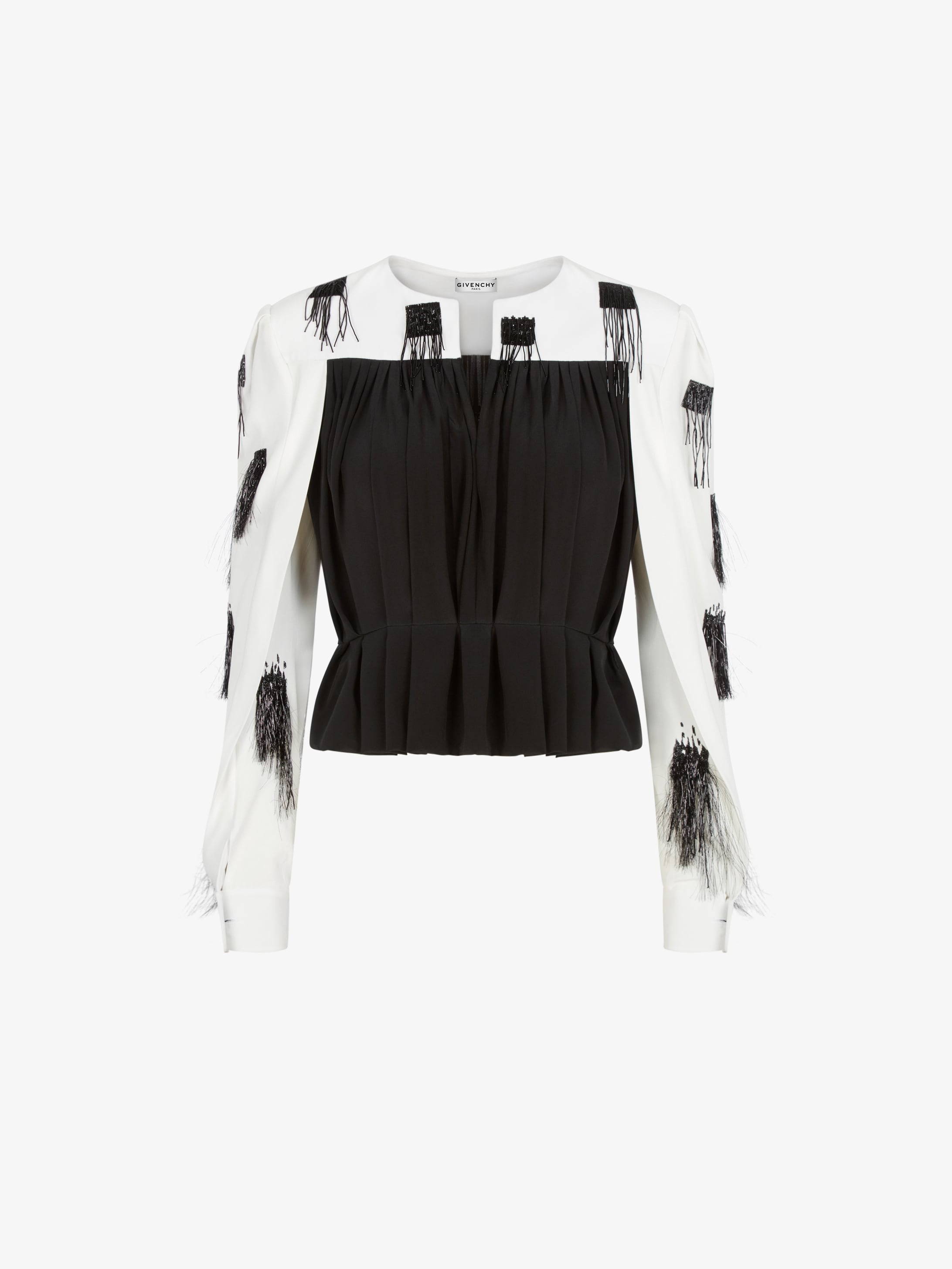 Two tone embroidered blouse in pearls and lurex