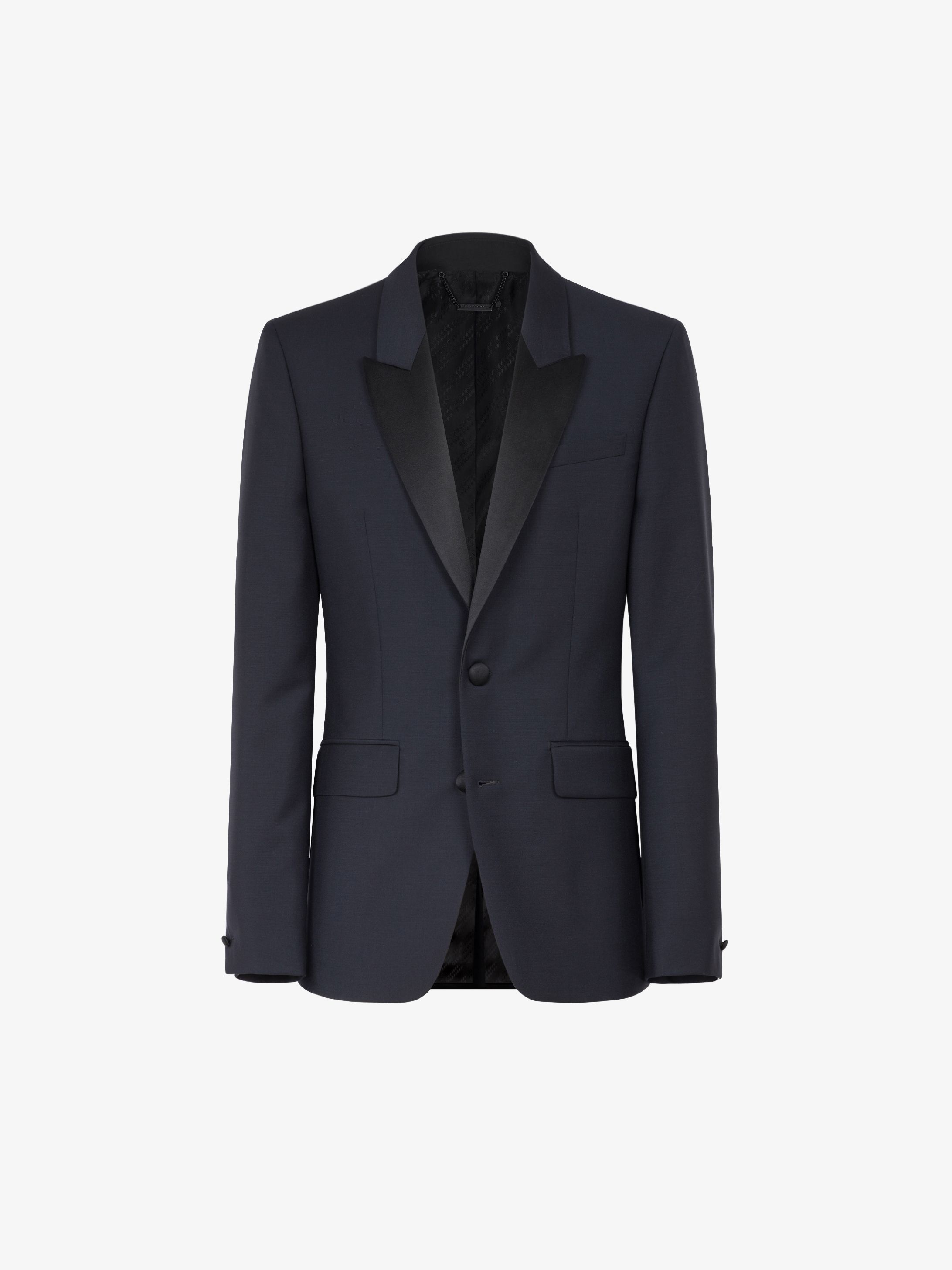Slim fit tuxedo in wool and mohair with satin collar