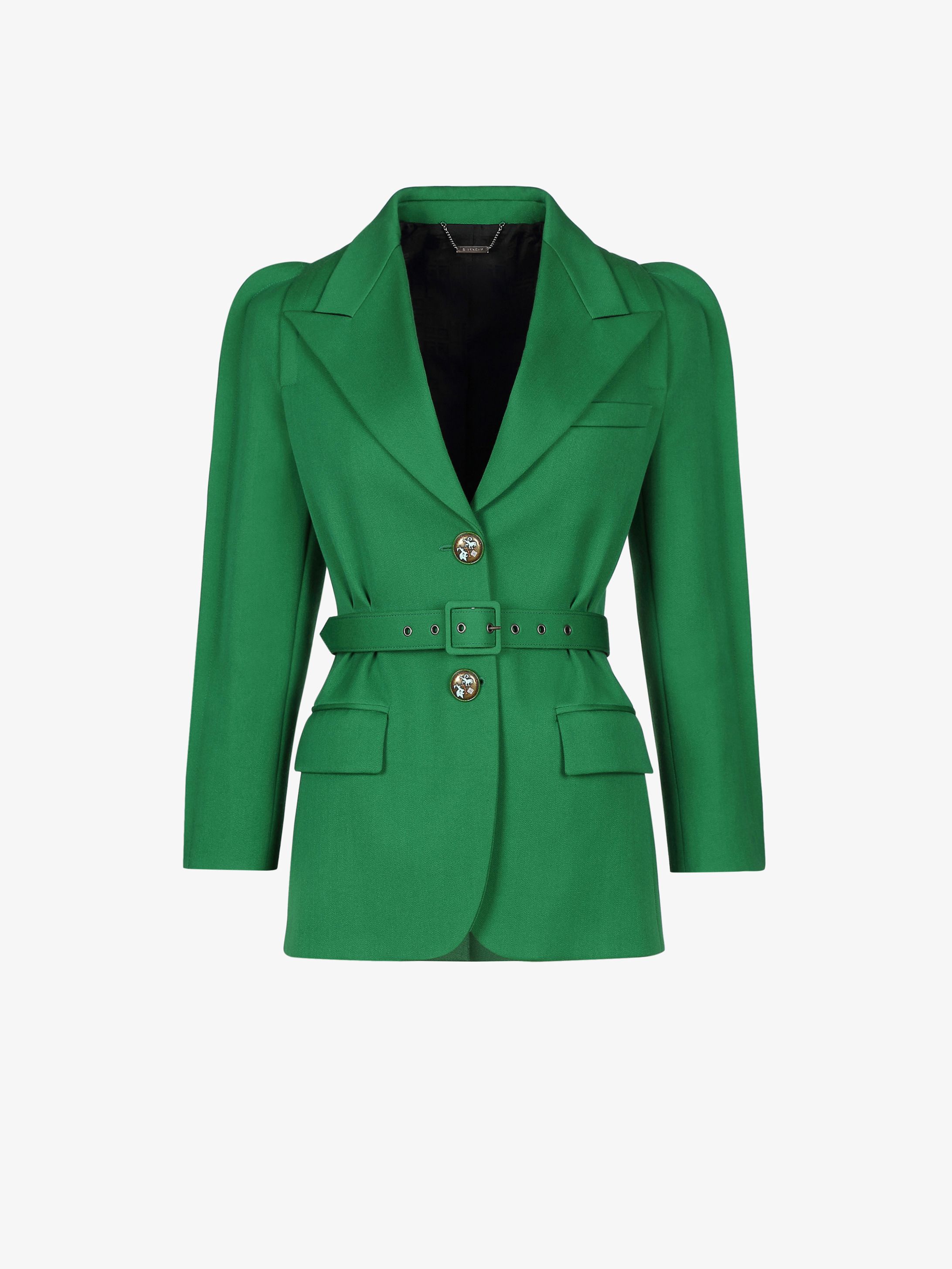Belted jacket with blazon buttons