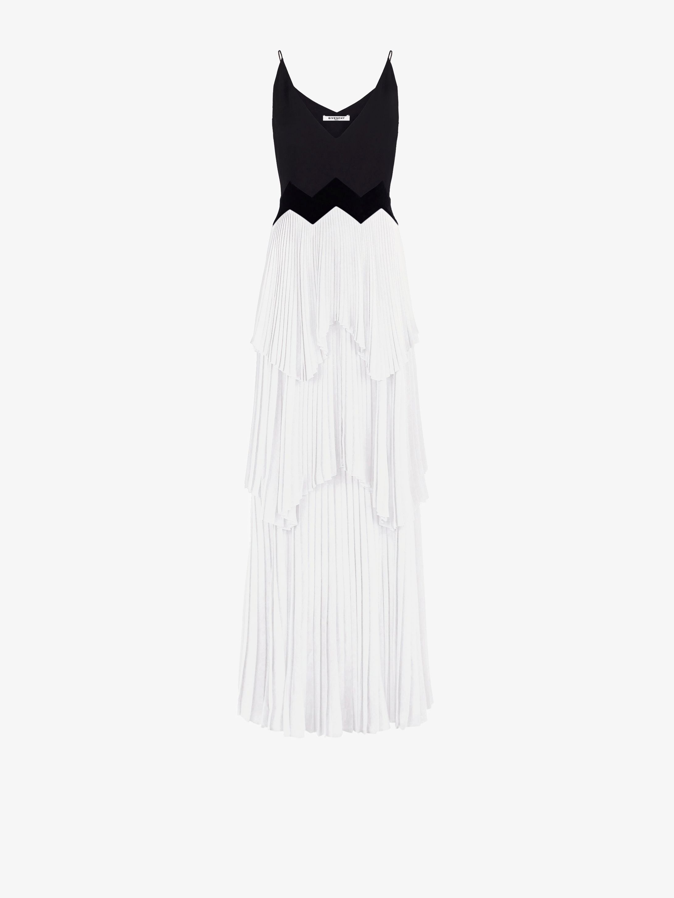 Long V neck dress with pleated layer skirt