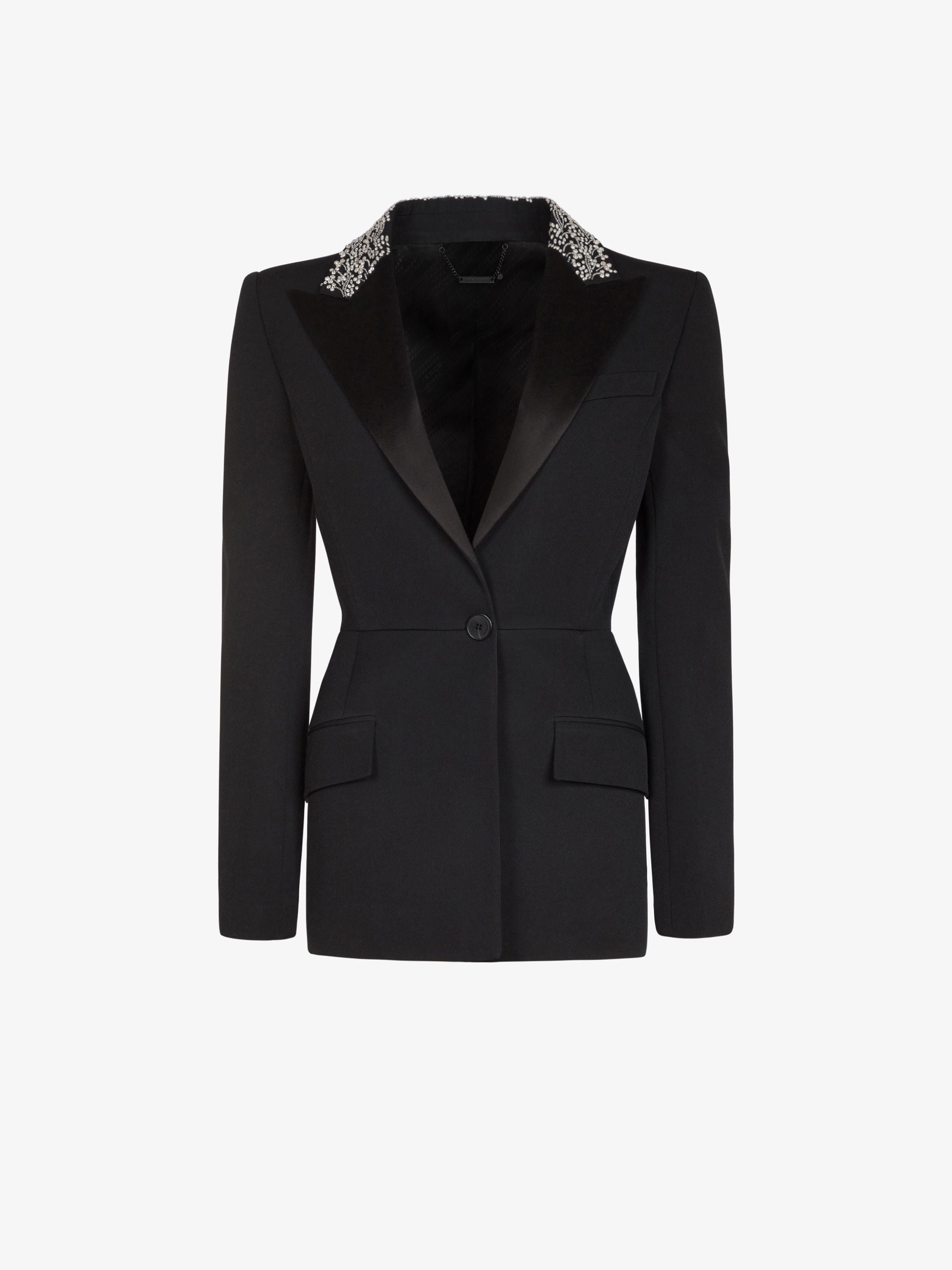 Peplum jacket in grain de poudre with embroidered collar