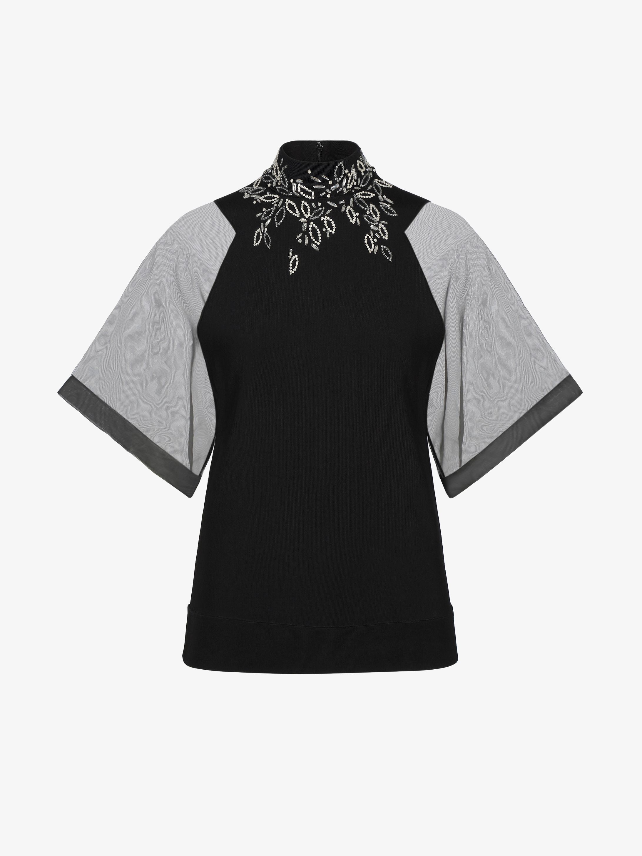 Crystals embroidered top with contrasted sleeves