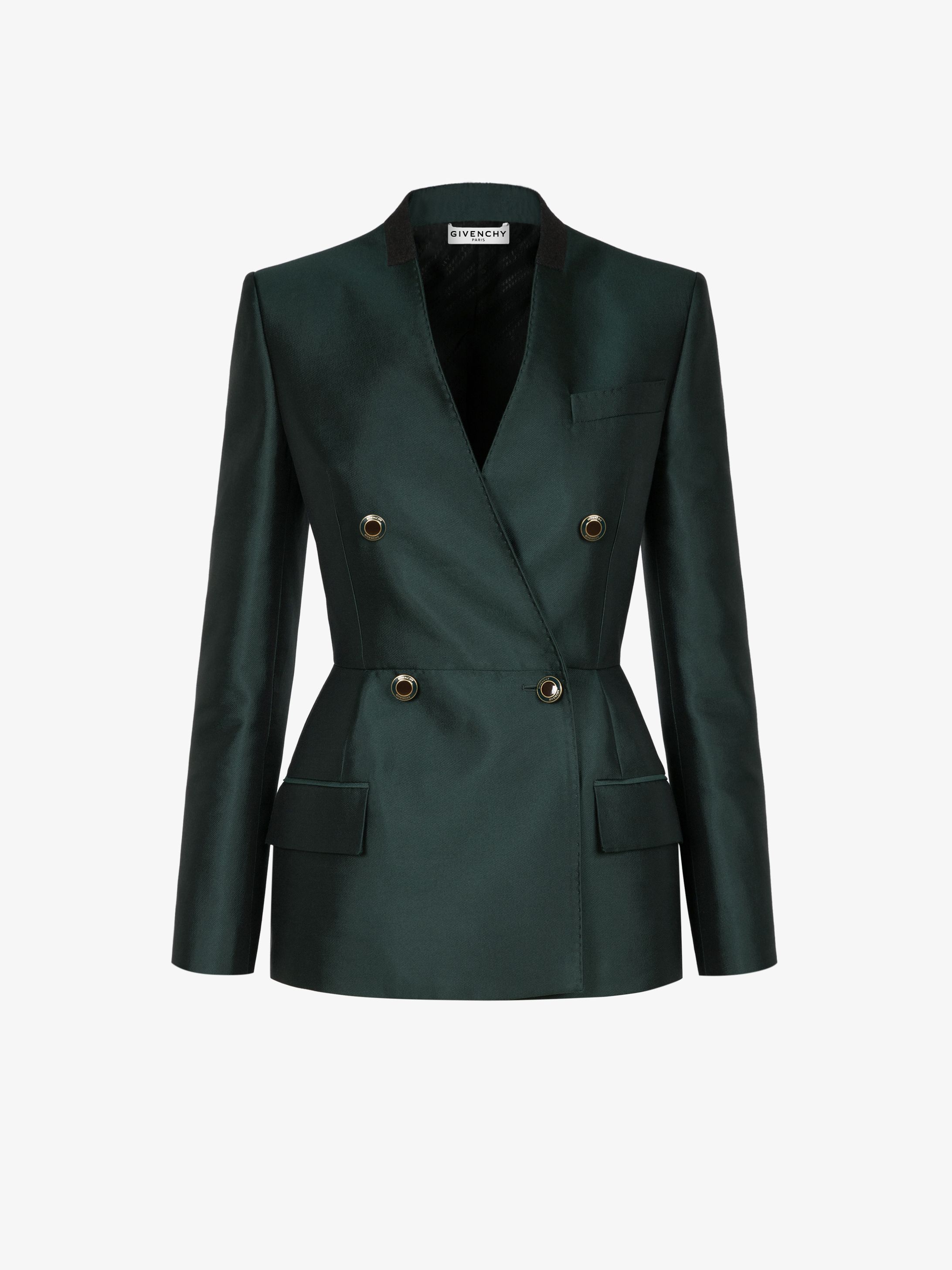 Double braisted collarless jacket with enamelled buttons