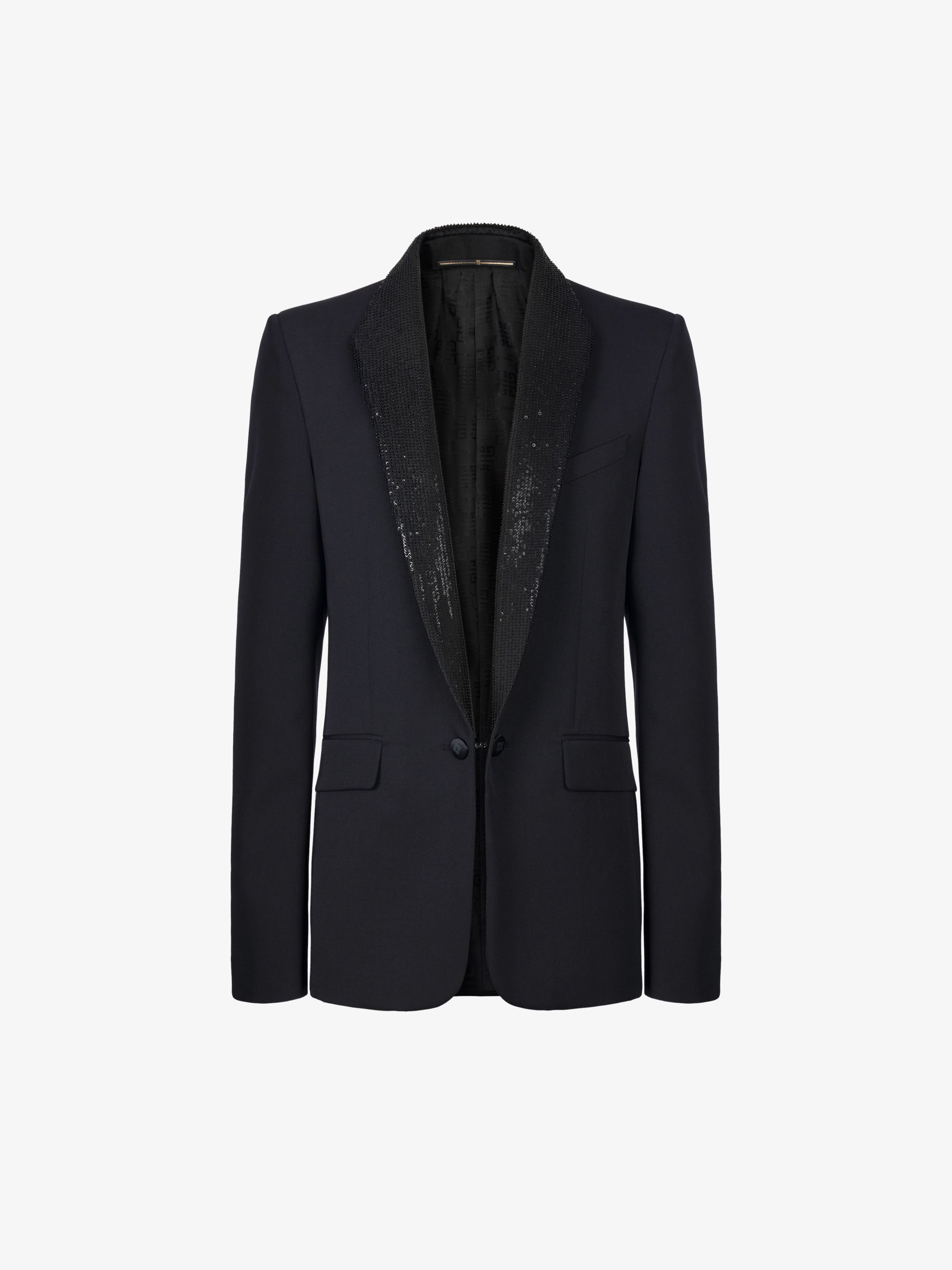 Tuxedo jacket with sequins embroidered collar