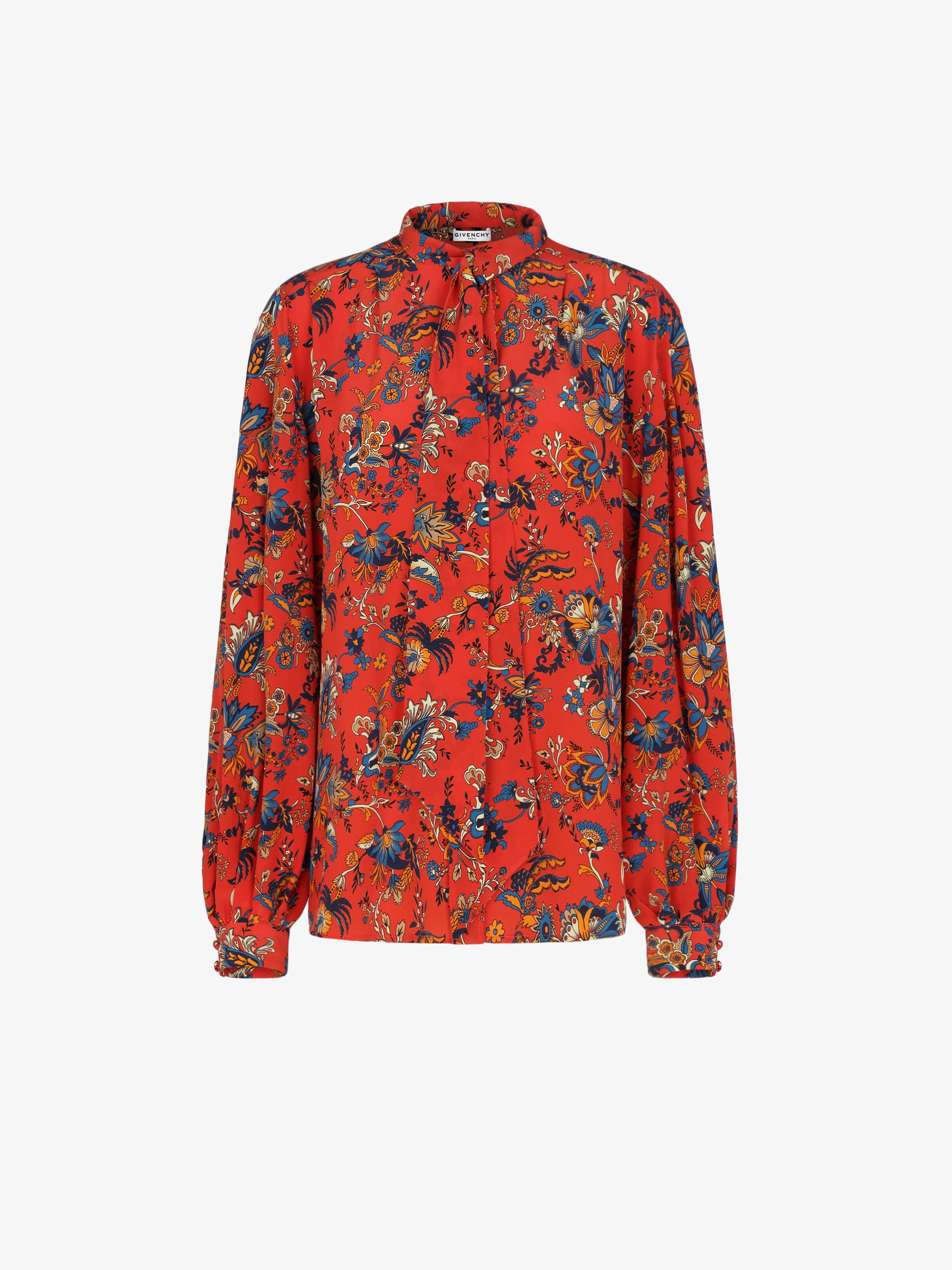 Blouse in silk with floral print and ascot tie
