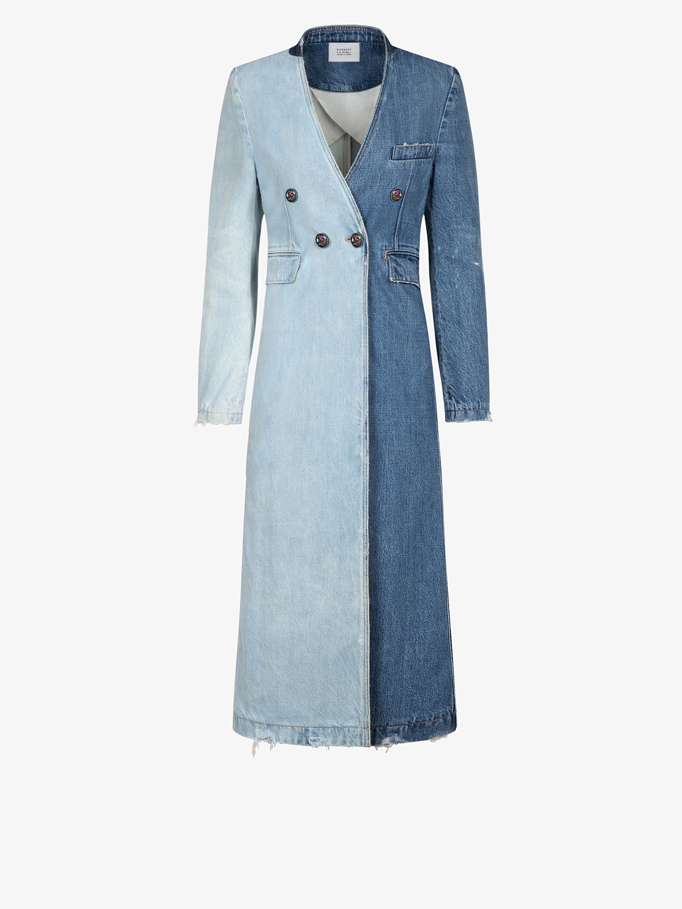 Long coat in two tone denim