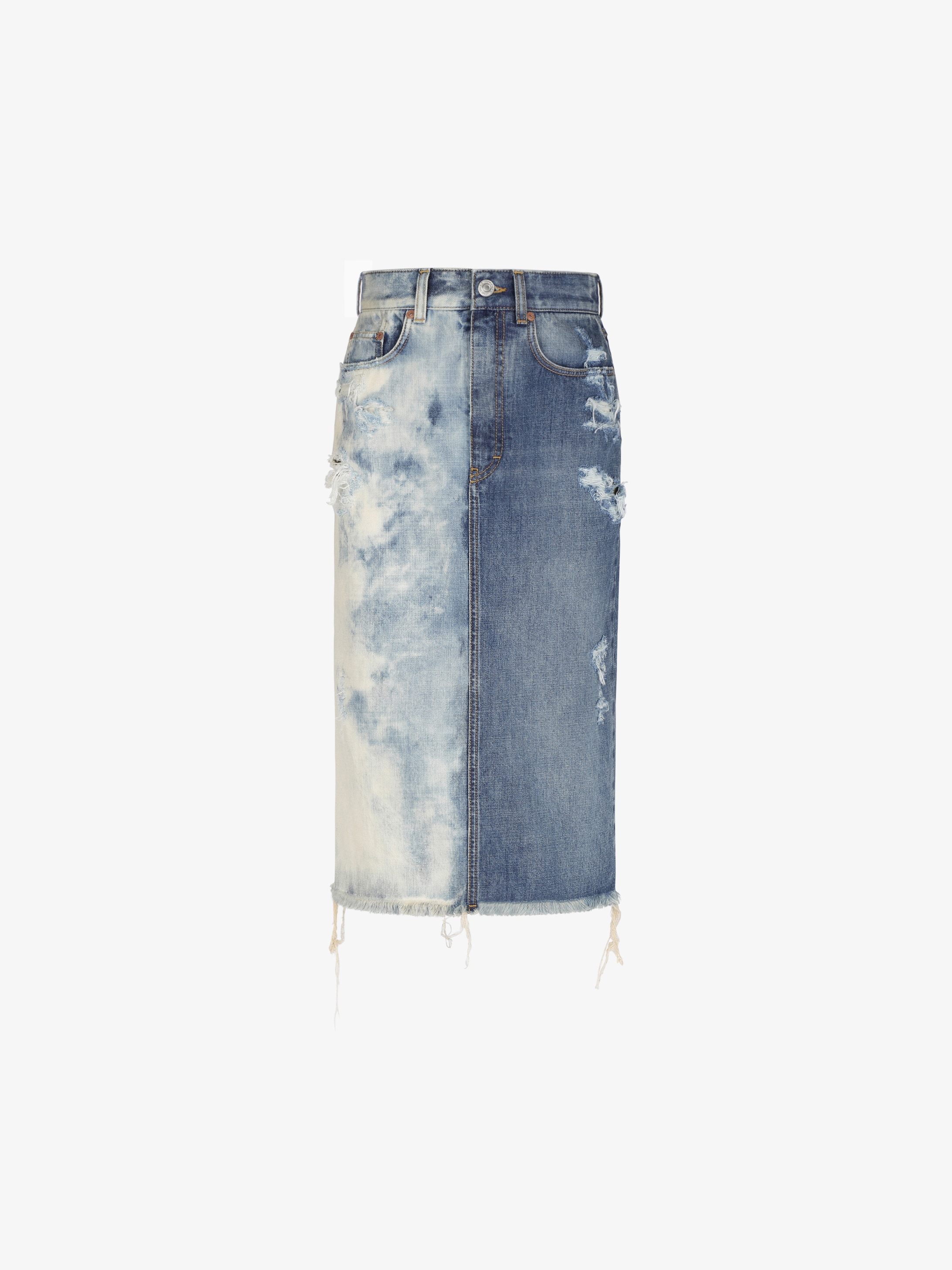 Jupe droite en denim bicolore destroyed
