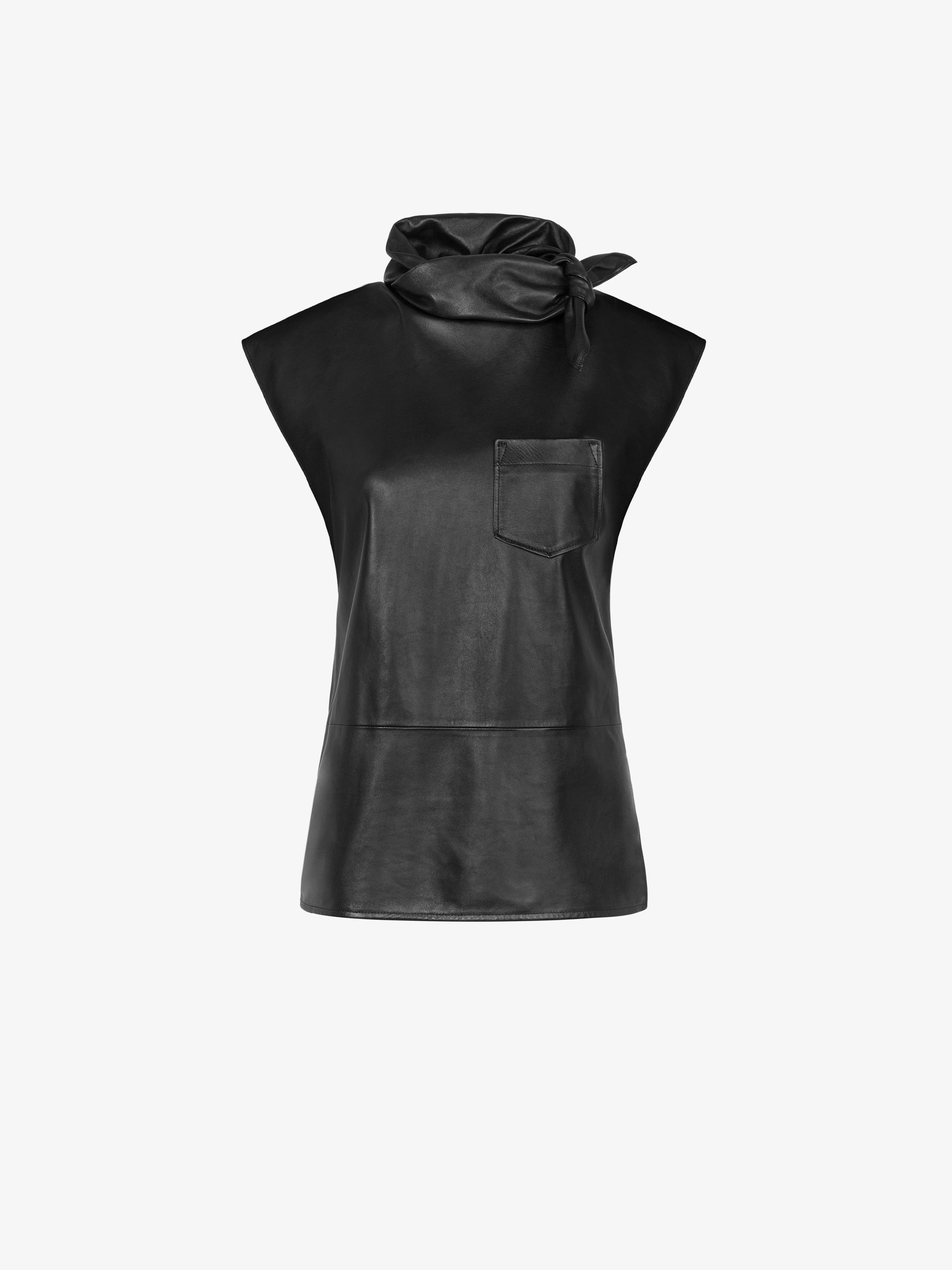 Top in leather with twisted scarf collar