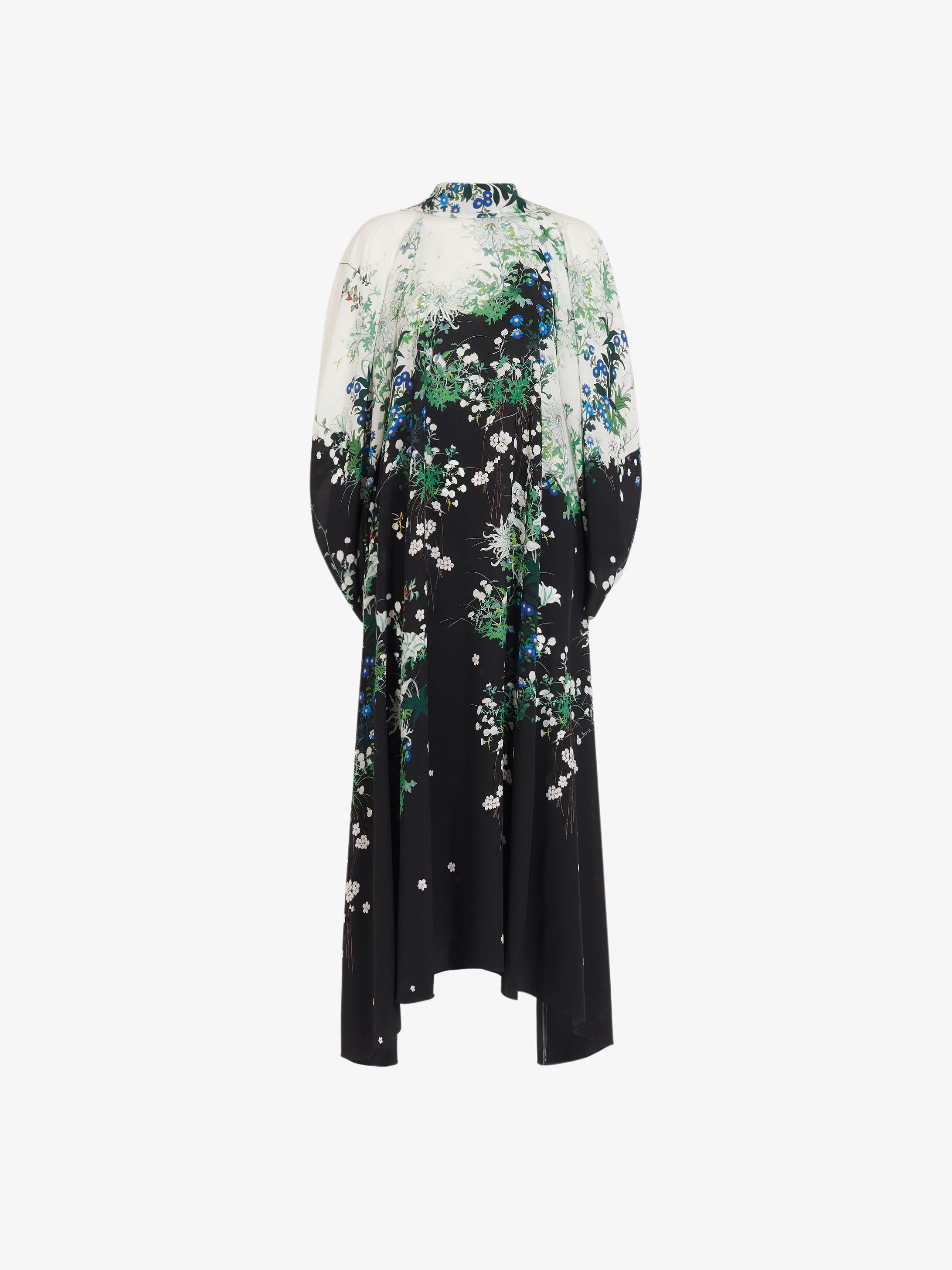 Long floral printed dress in crêpe de Chine