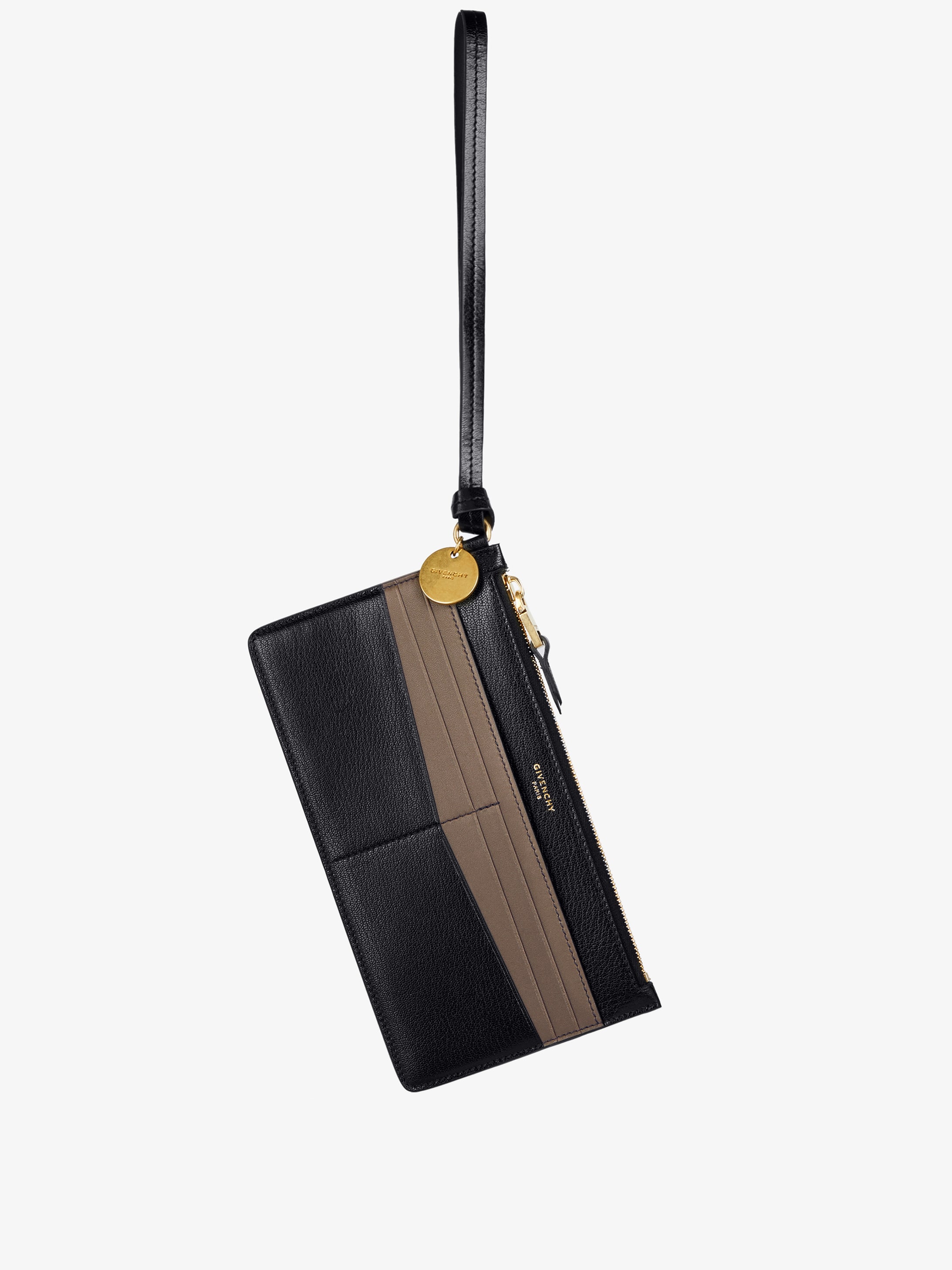 Pochette porte-cartes à dragonne en cuir bicolore