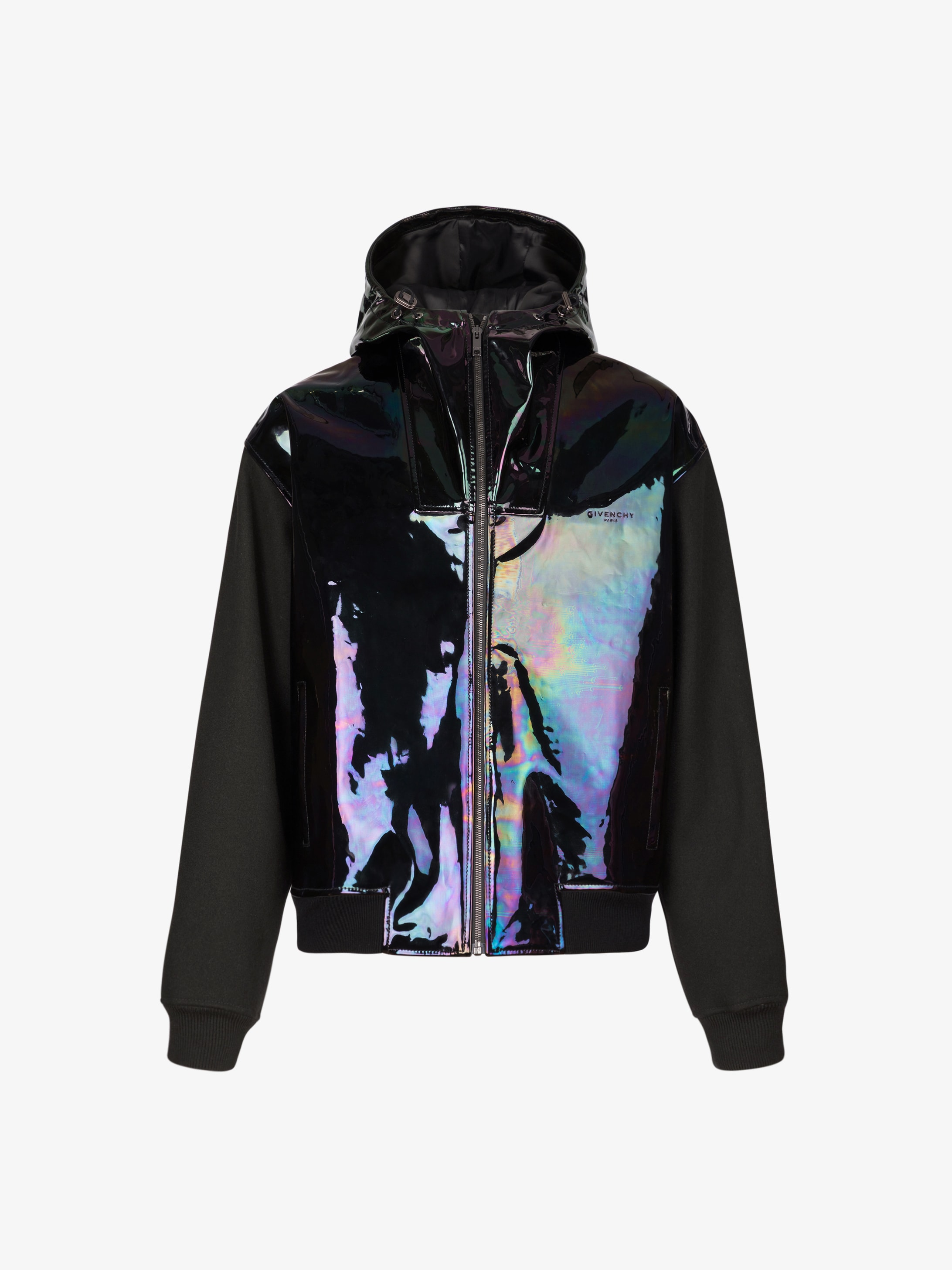 Hooded jacket in iridescent leather and neoprene