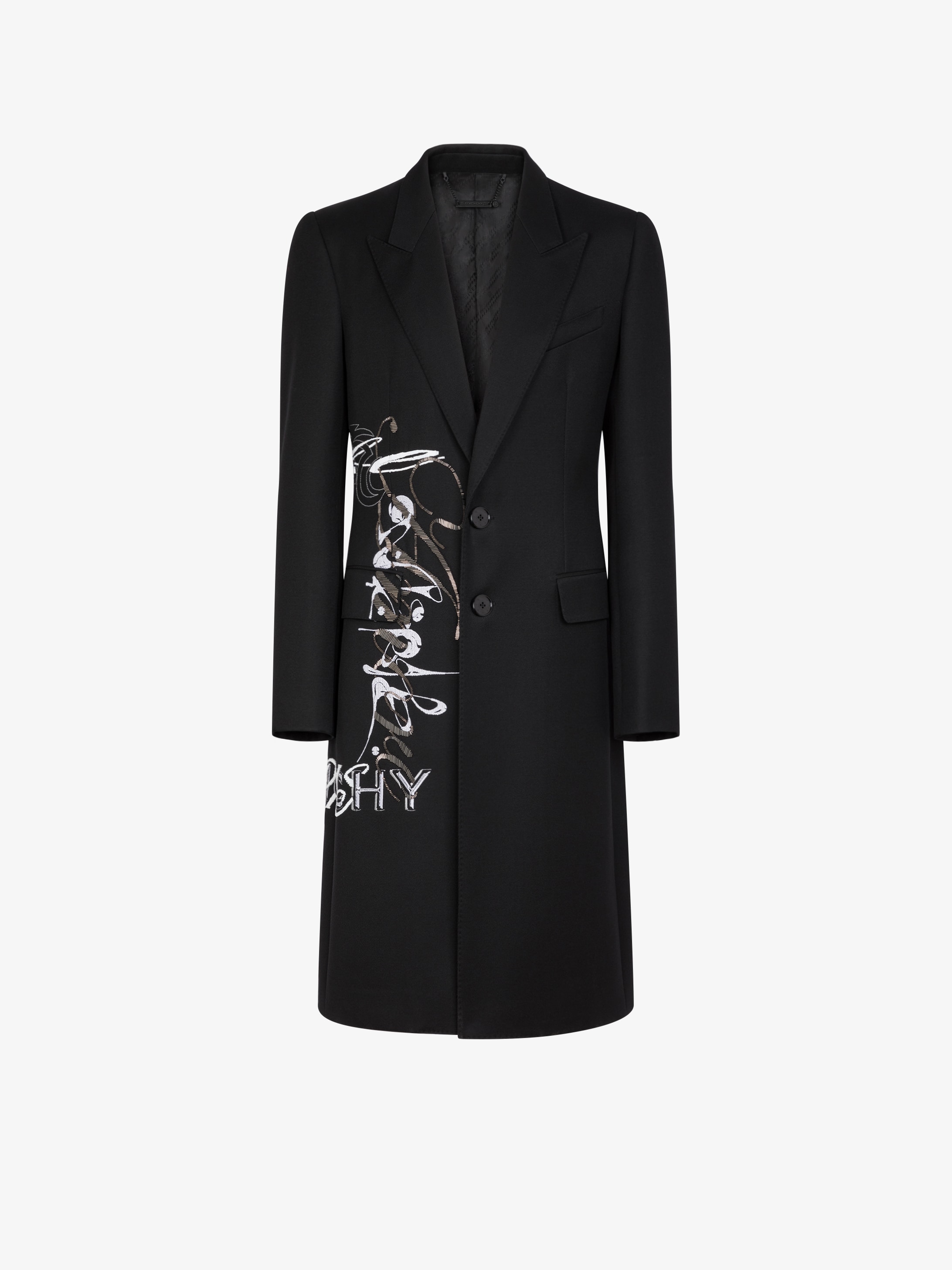 Cappotto di lana con ricamo calligrafico