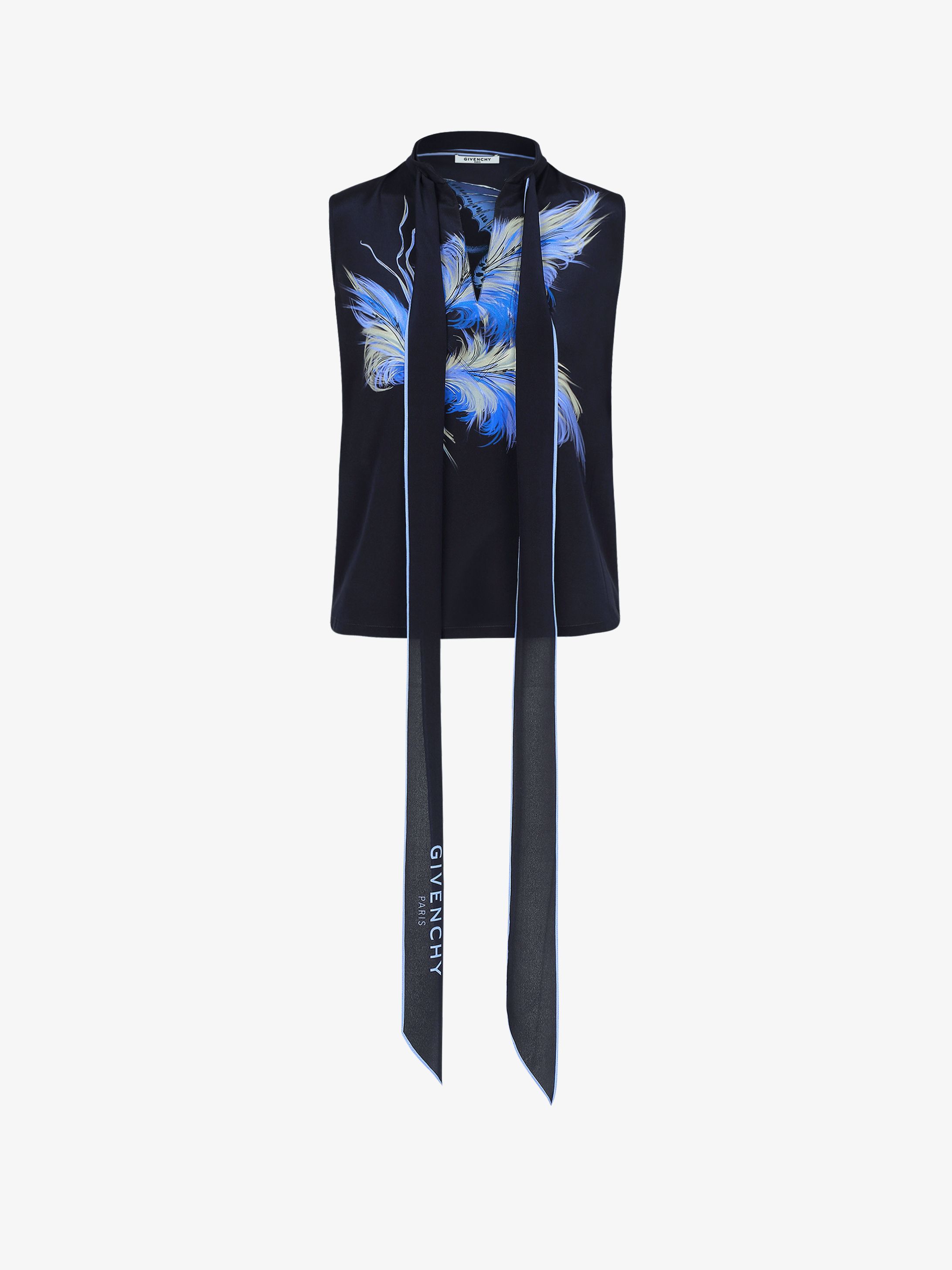 Birds printed top in silk with scarf collar