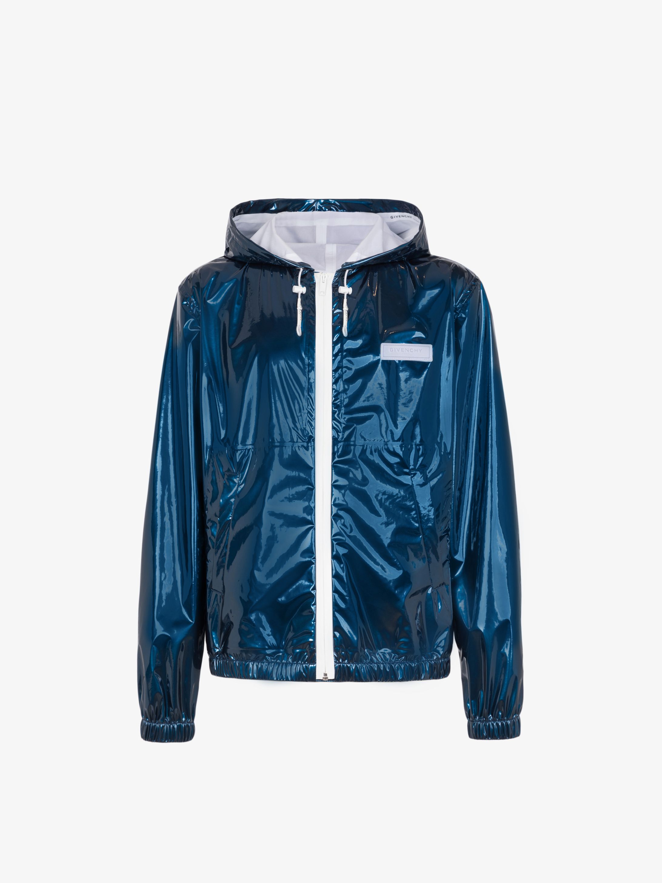 Varnished nylon windbreaker with contrasting details