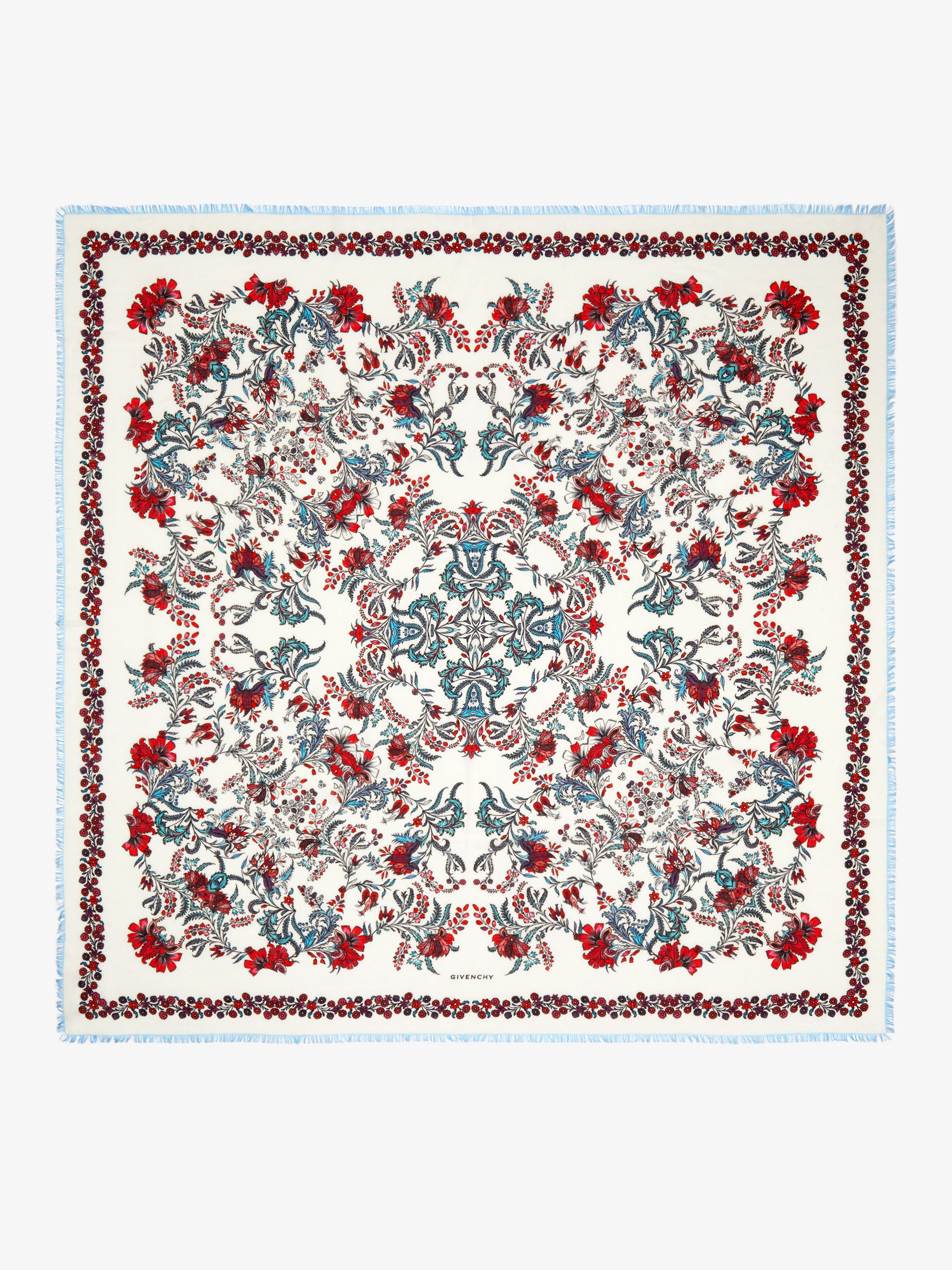 Large square scarf in cashmere and floral printed silk