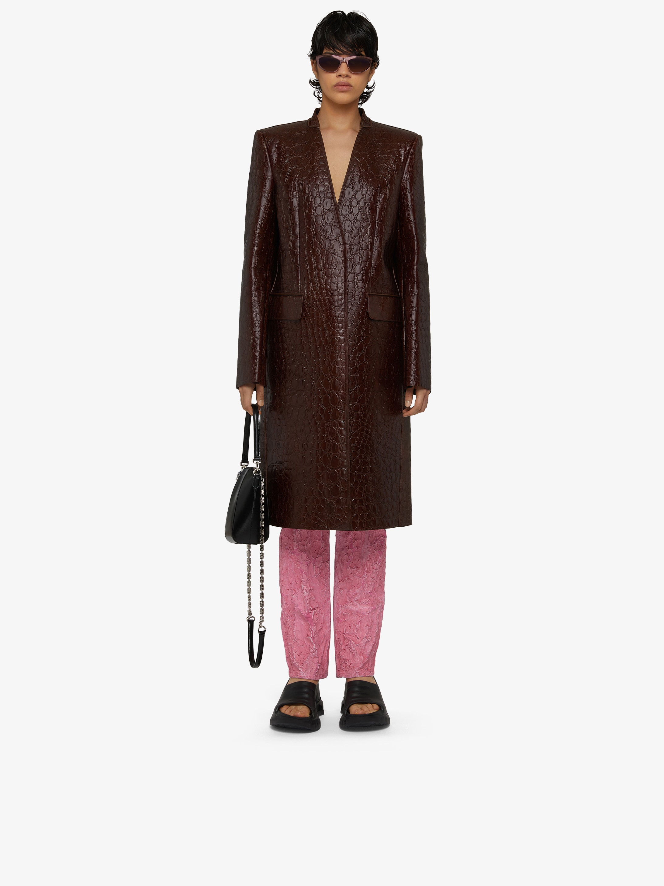 Masculine coat in crocodile effect vintage leather