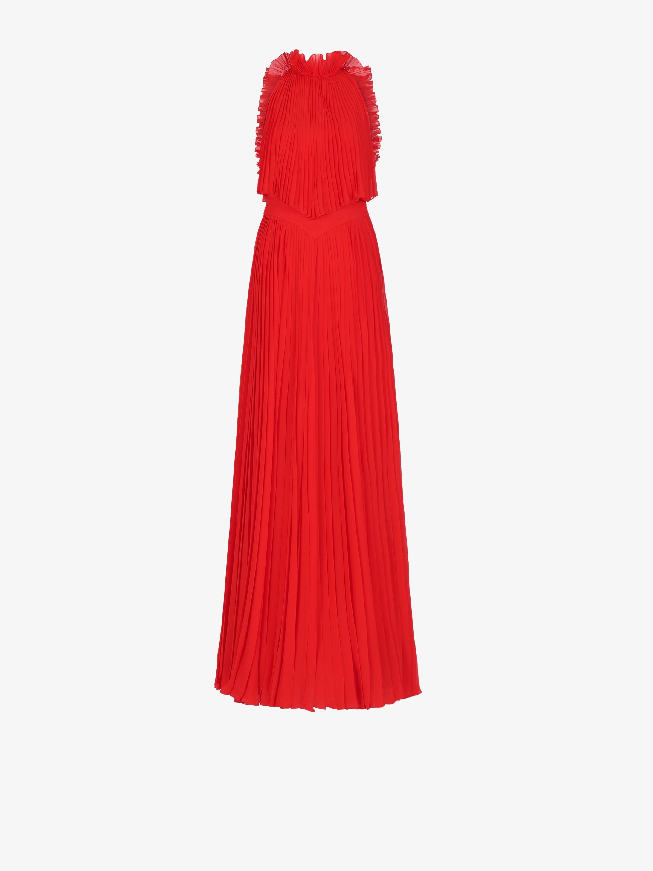 Pleated evening dress with ruffles