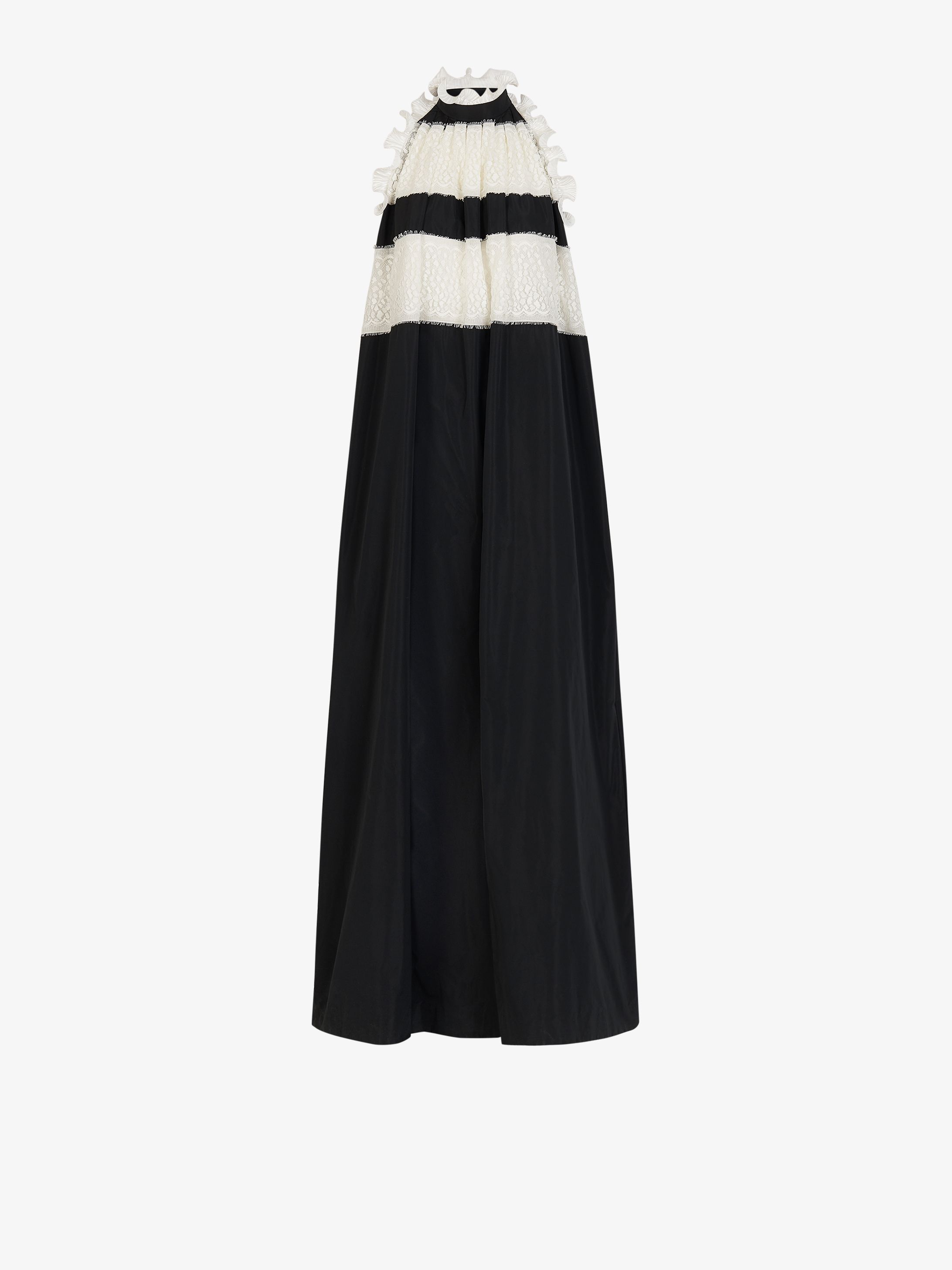Halterneck evening dress in taffeta and lace