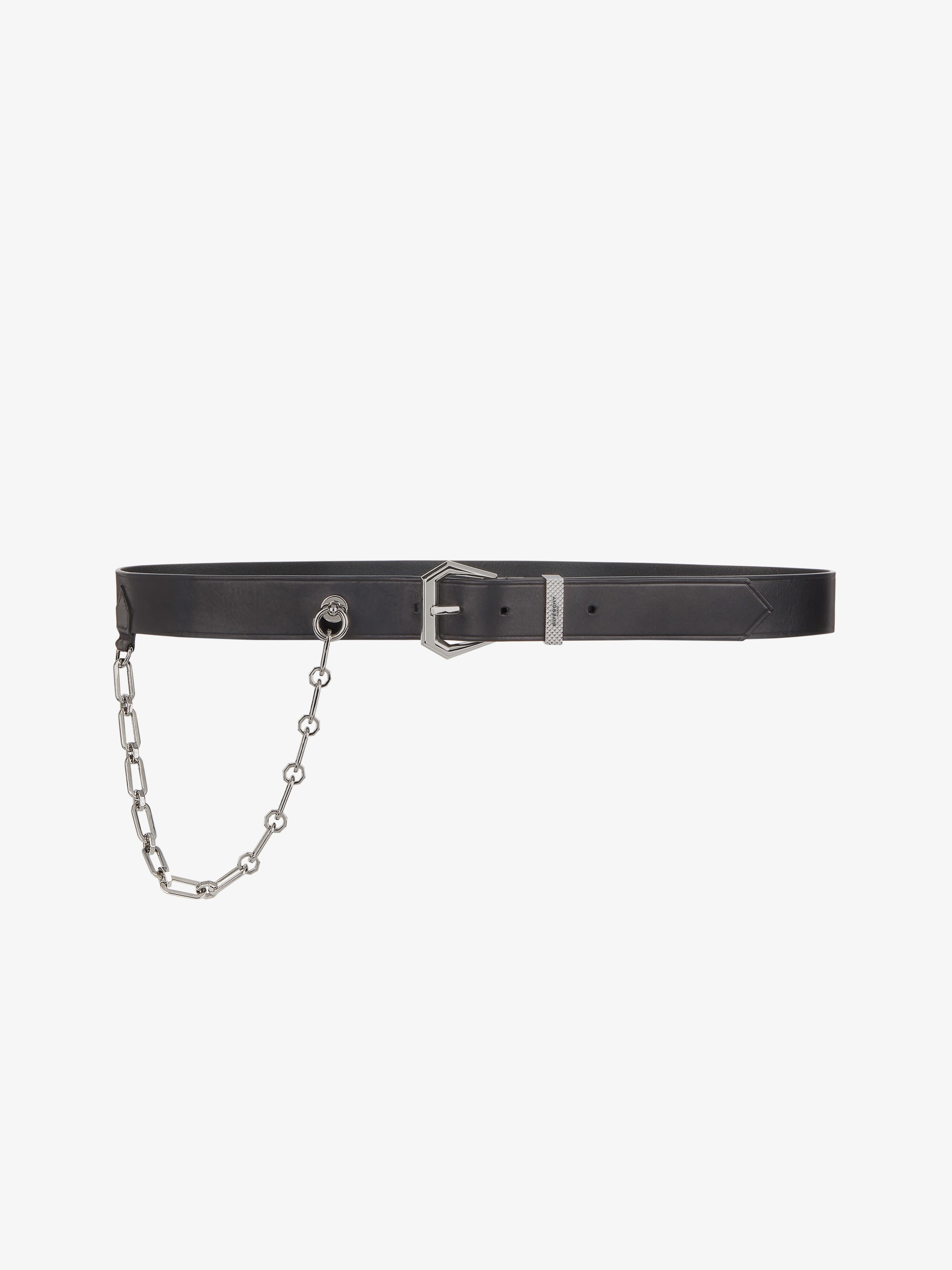Hexagonal buckle belt in leather with chain