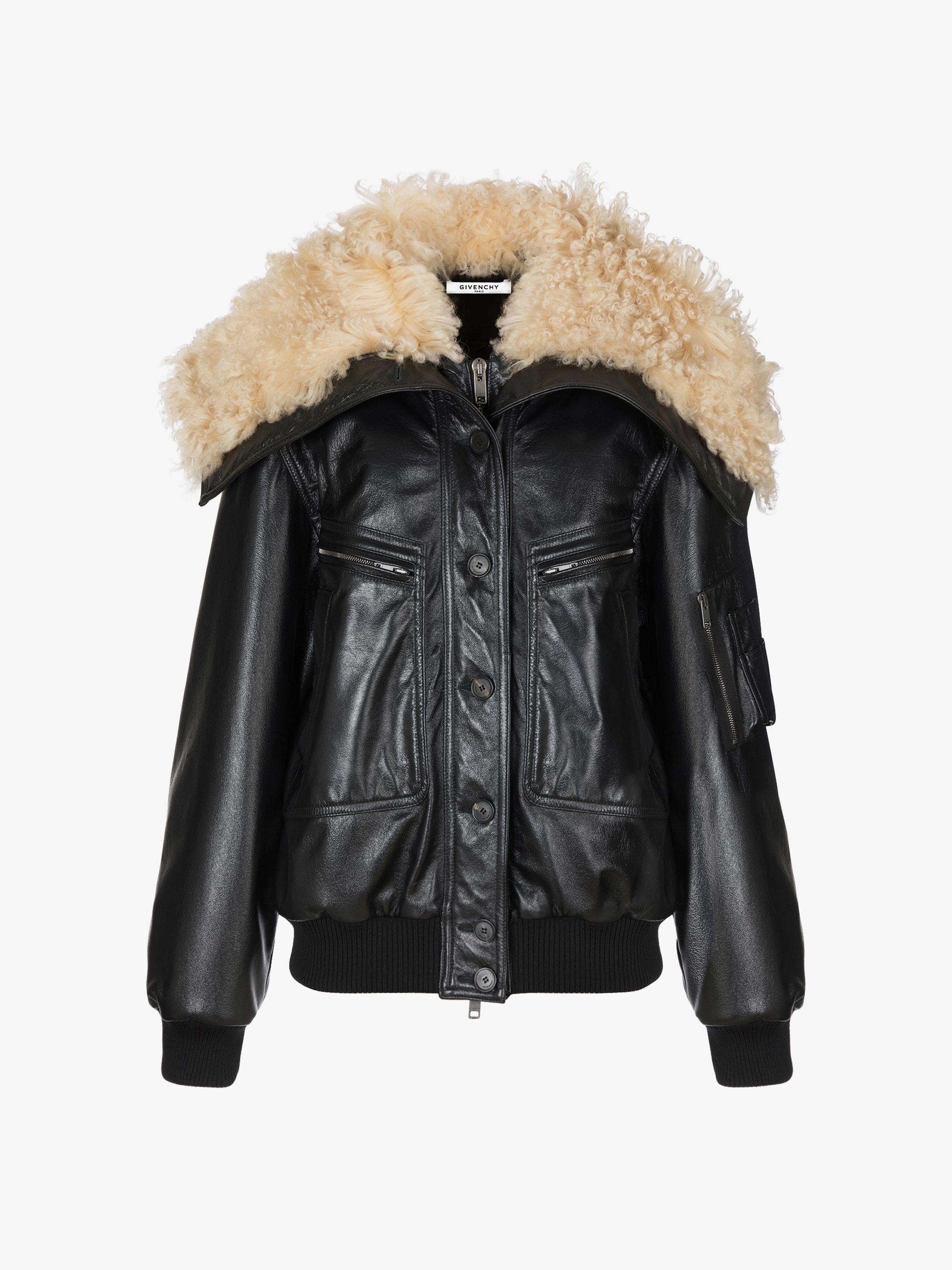 Oversized Jacket In Leather With Shearling Collar Givenchy Paris Oversized Jacket In Leather With Shearling Collar
